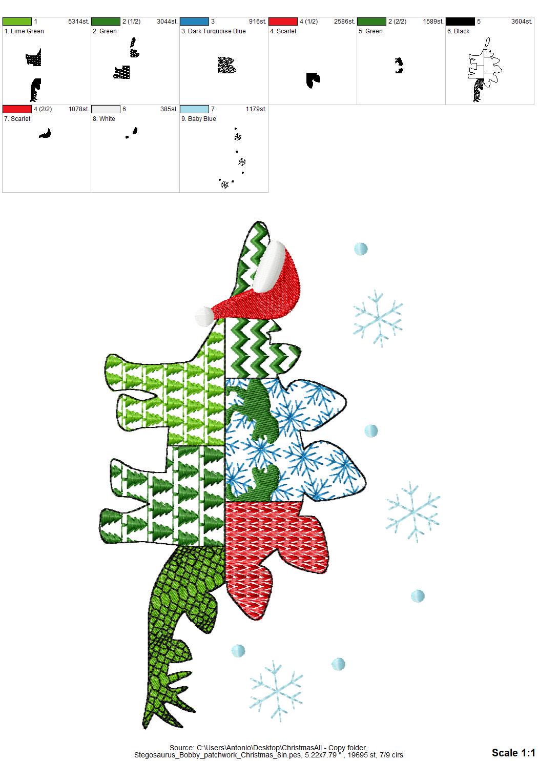 Christmas Stegosaurus Bobby Jurassic Dinosaur Patchwork patterned silhouette machine embroidery