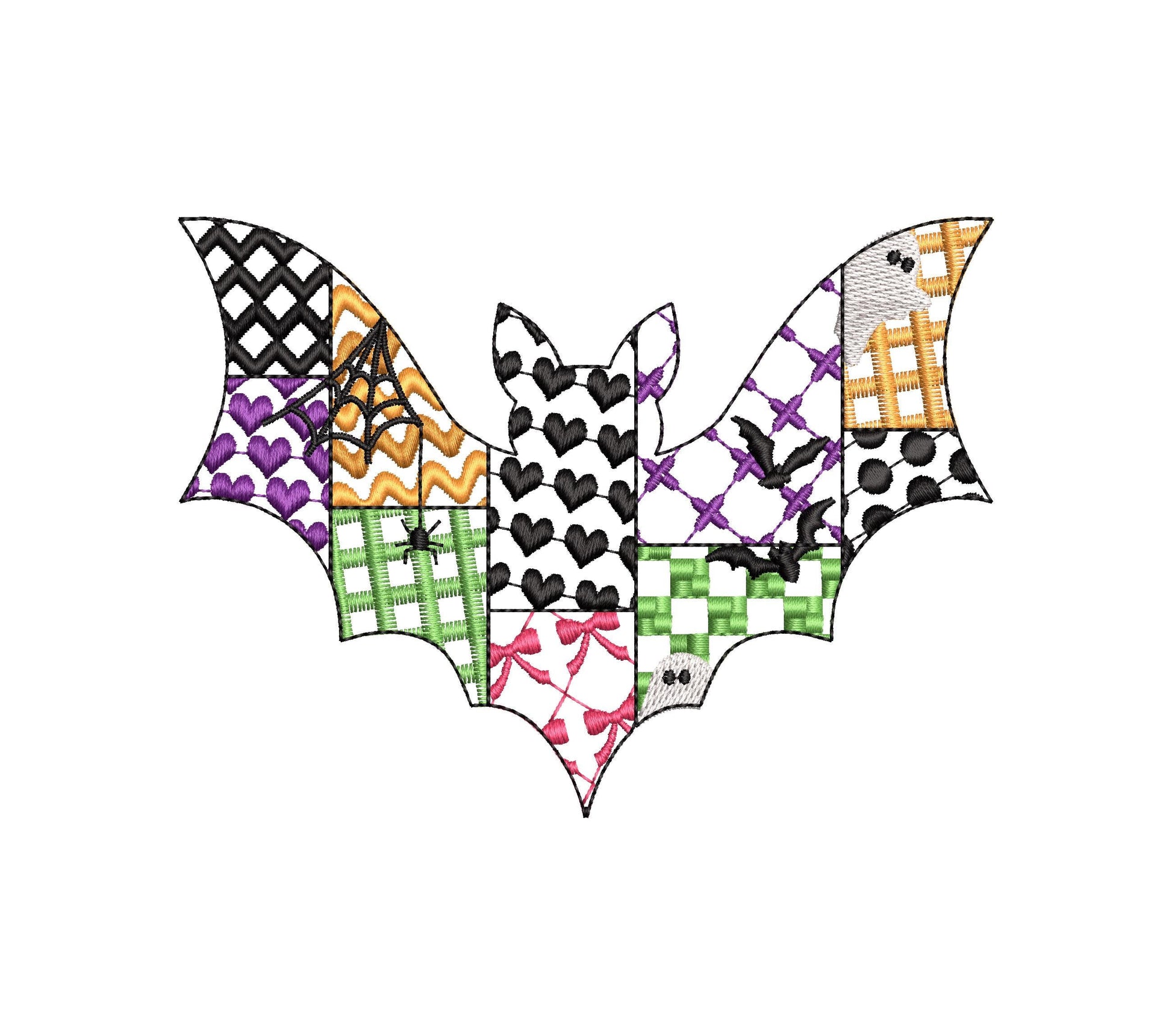 Patchwork Bat Raily Halloween theme awesome patterned Flying Bat outline spooky girls machine embroidery designs sizes 4 up to 8 inch