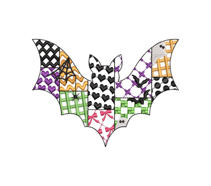 Patchwork Bat Raily Halloween theme awesome patterned Flying Bat outline spooky girls machine embroidery designs sizes 4 up to 8 inch