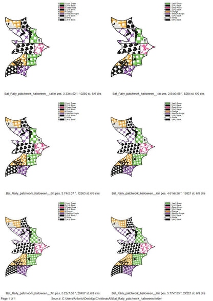 Patchwork Bat Raily Halloween theme awesome patterned Flying Bat outline spooky girls machine embroidery designs sizes 4 up to 8 inch