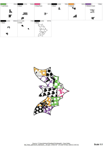 Patchwork Bat Raily Halloween theme awesome patterned Flying Bat outline spooky girls machine embroidery designs sizes 4 up to 8 inch