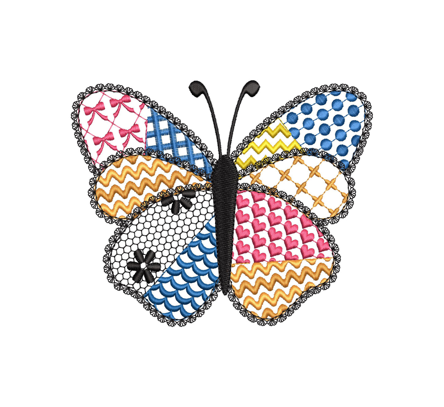 Awesome Patchwork Butterfly Emily with lace edge Wings girly girls outfit sweet home patterned machine embroidery designs sizes 3 up to 7 in