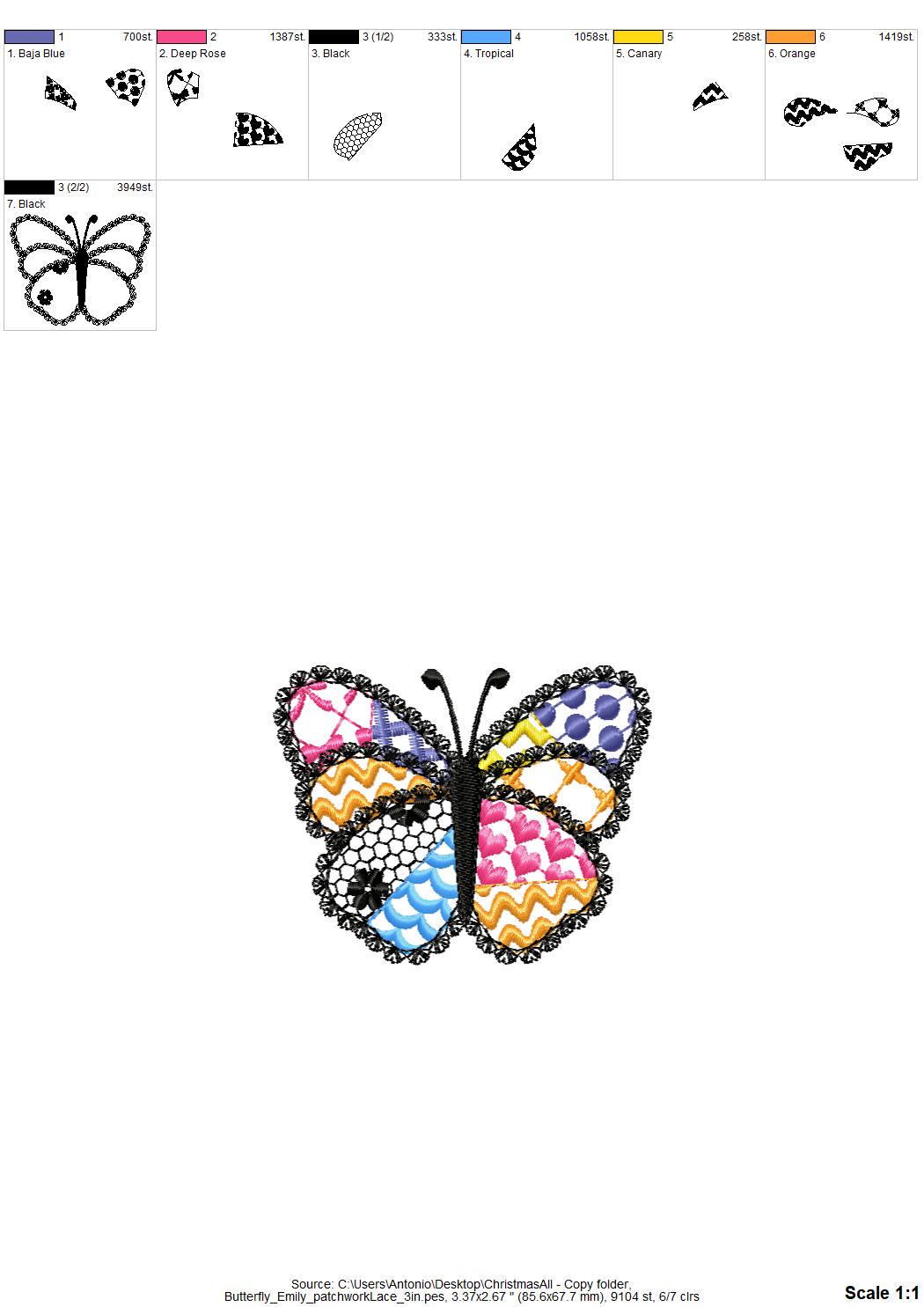 Awesome Patchwork Butterfly Emily with lace edge Wings girly girls outfit sweet home patterned machine embroidery designs sizes 3 up to 7 in