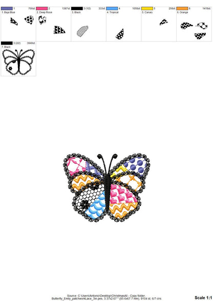 Awesome Patchwork Butterfly Emily with lace edge Wings girly girls outfit sweet home patterned machine embroidery designs sizes 3 up to 7 in