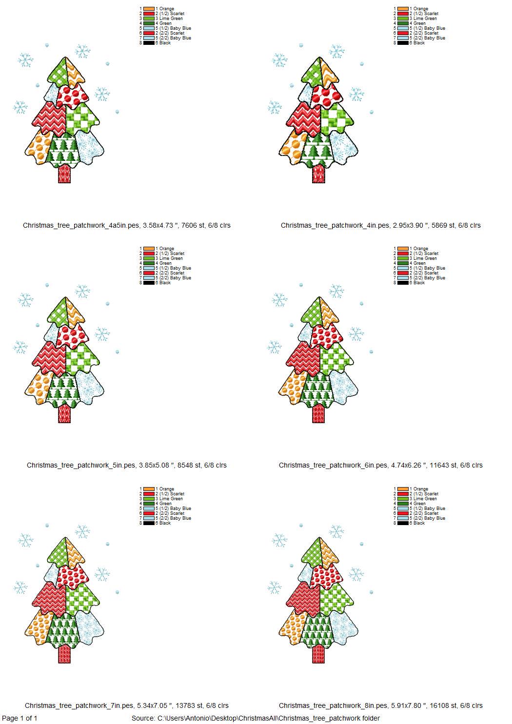 Patchwork Christmas Tree falling Snowflake folk patterned silhouette outline machine embroidery designs many sizes 4 up to 8 inches