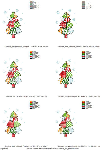 Patchwork Christmas Tree falling Snowflake folk patterned silhouette outline machine embroidery designs many sizes 4 up to 8 inches