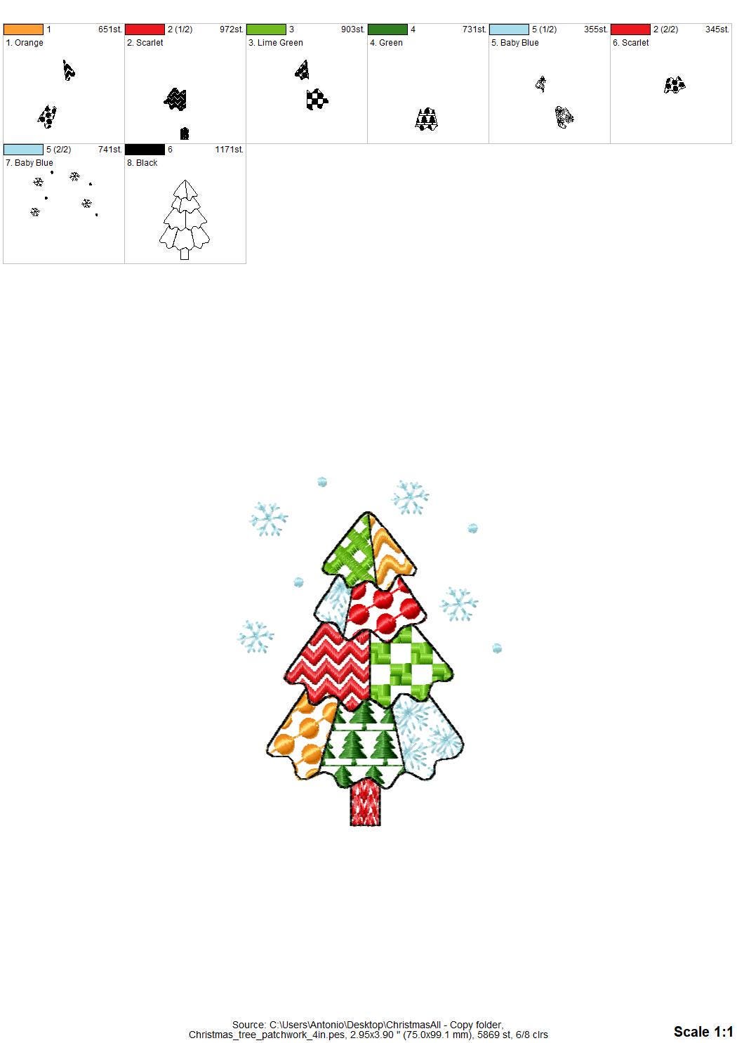 Patchwork Christmas Tree falling Snowflake folk patterned silhouette outline machine embroidery designs many sizes 4 up to 8 inches