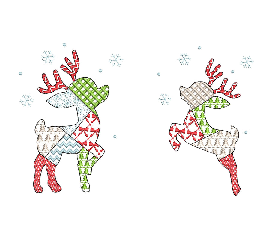 Patchwork Deer Noel and Tinsel Set of 2 types Christmas theme patterned silhouette outline machine embroidery designs sizes 4 up to 8 inches