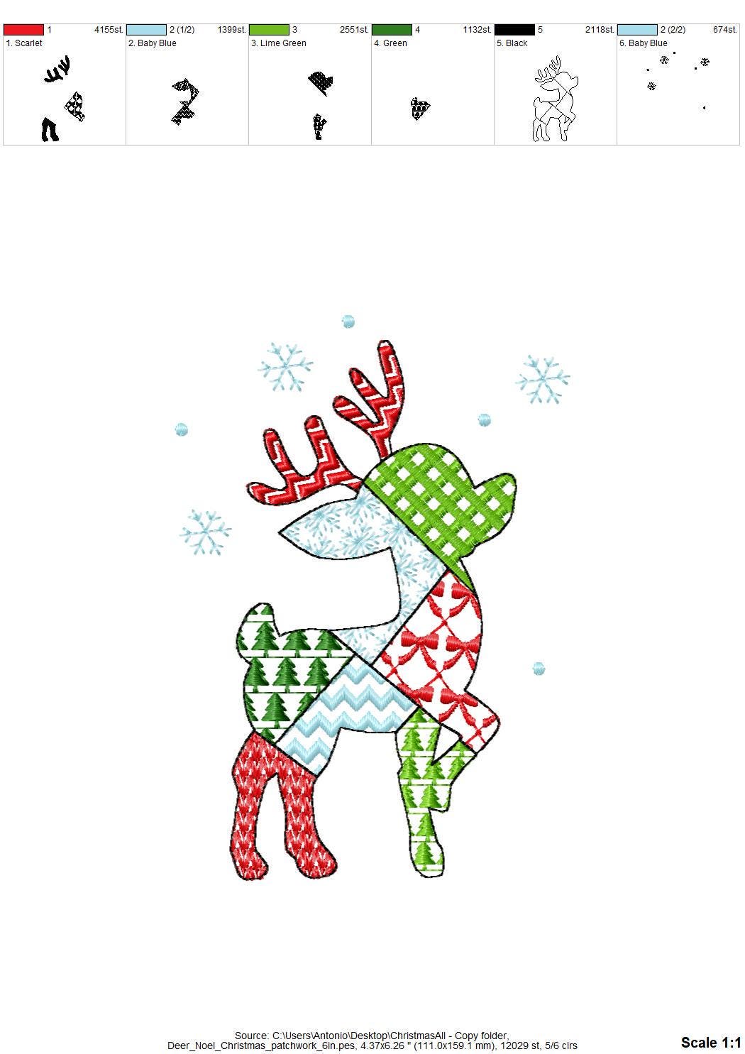 Patchwork Deer Noel Christmas theme cute Reindeer patterned silhouette outline kids baby machine embroidery designs