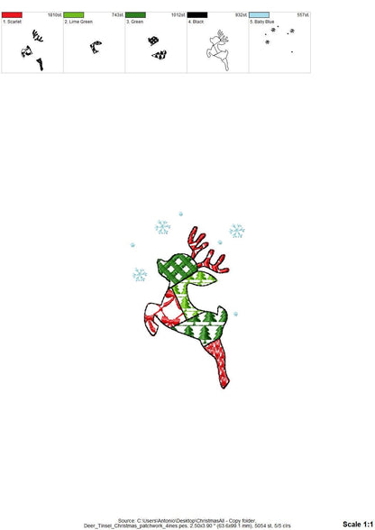 Patchwork Deer Tinsel Christmas theme cute Reindeer patterned silhouette outline kids baby machine embroidery designs sizes 4 up to 8 inches