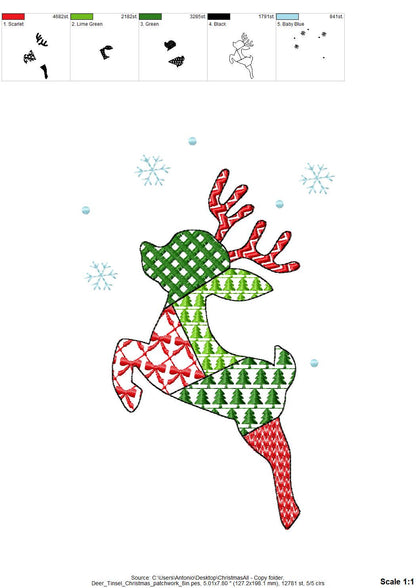 Patchwork Deer Tinsel Christmas theme cute Reindeer patterned silhouette outline kids baby machine embroidery designs sizes 4 up to 8 inches