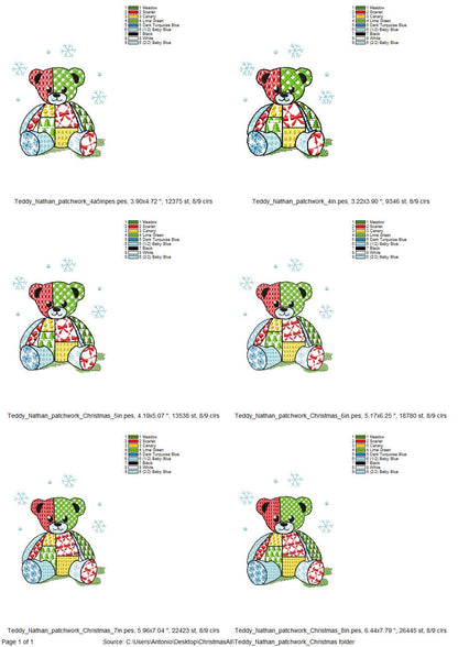 Patchwork Teddy Bear Nathan Christmas theme cute Teddy patterned silhouette outline kids baby machine embroidery designs sizes 4 up to 8 in
