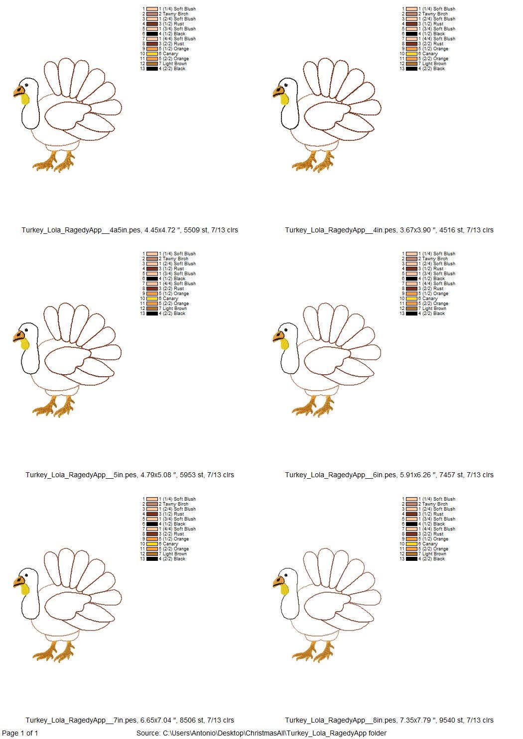 Turkey Lola raggedy edge Applique Fall Thanksgiving Turkey machine embroidery designs sizes 4 up to 8 inch sweet home farm kitchen design