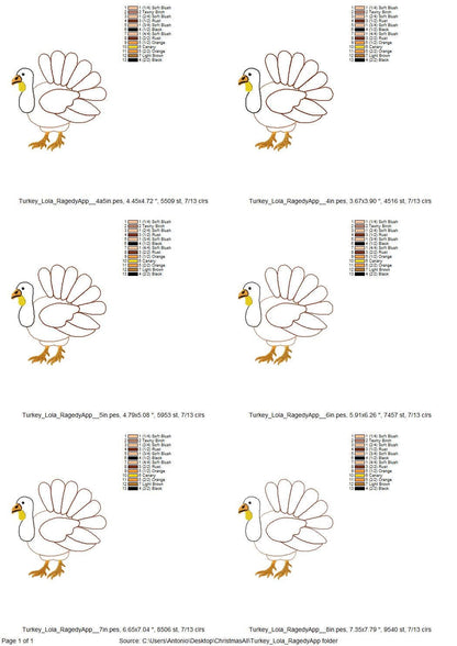 Turkey Lola raggedy edge Applique Fall Thanksgiving Turkey machine embroidery designs sizes 4 up to 8 inch sweet home farm kitchen design