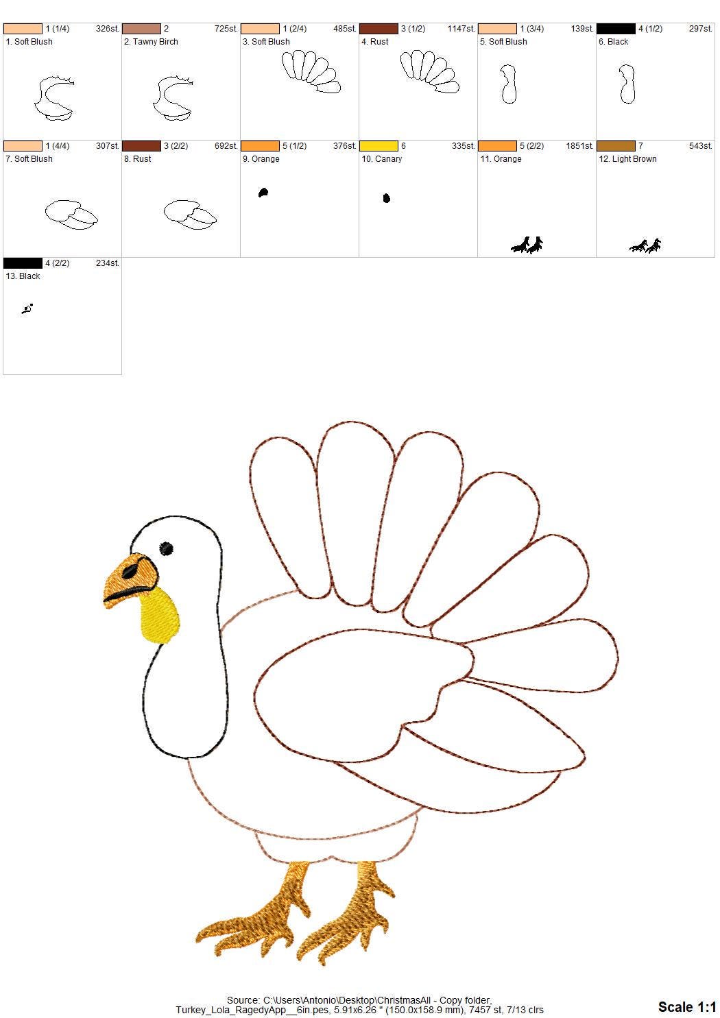 Turkey Lola raggedy edge Applique Fall Thanksgiving Turkey machine embroidery designs sizes 4 up to 8 inch sweet home farm kitchen design