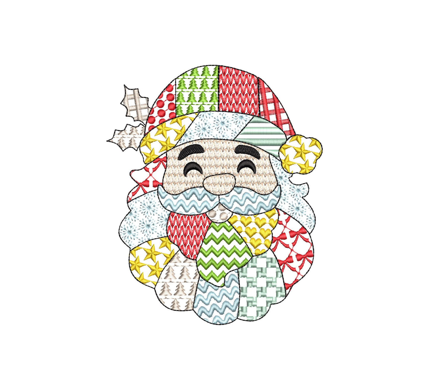 Patchwork Santa Christmas patterned Santa outline machine embroidery designs many sizes 4 up to 8 inch awesome folk Christmas farm design