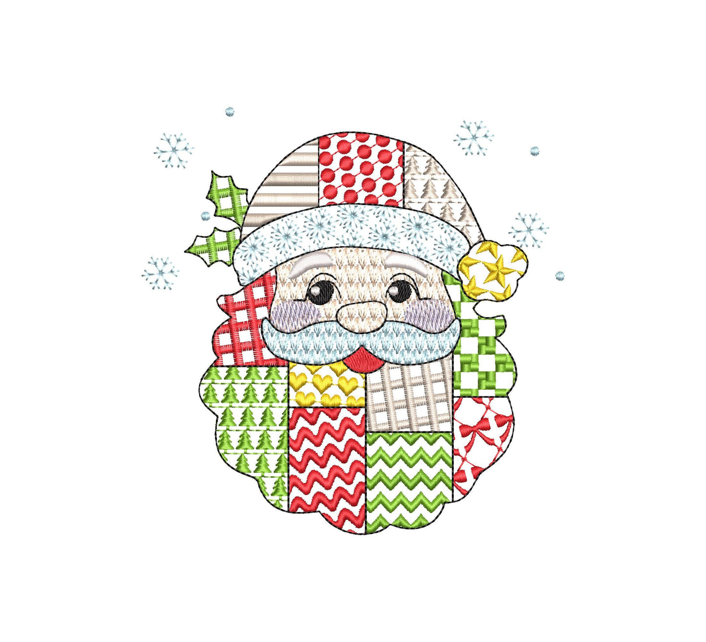 Awesome Patchwork Santa Christmas patterned Santa outline machine embroidery designs many sizes 4 up to 8 inch Snowflake folk farm design