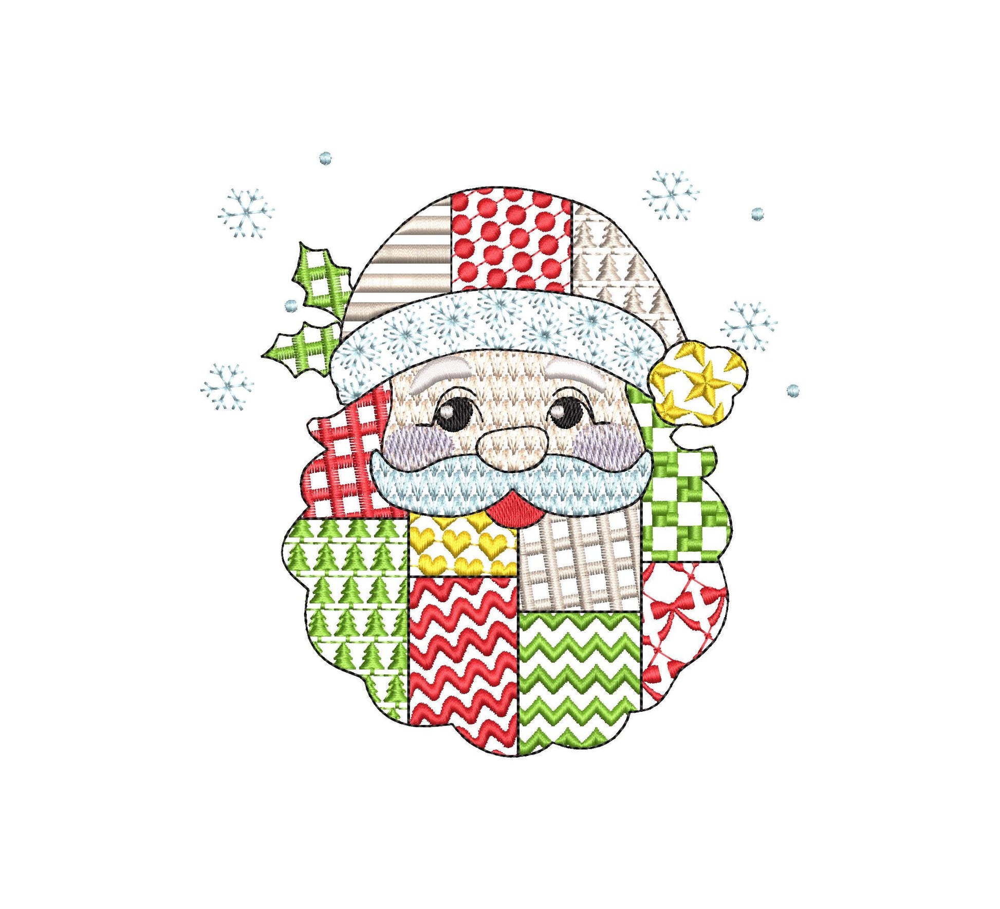 Awesome Patchwork Santa Christmas patterned Santa outline machine embroidery designs many sizes 4 up to 8 inch Snowflake folk farm design