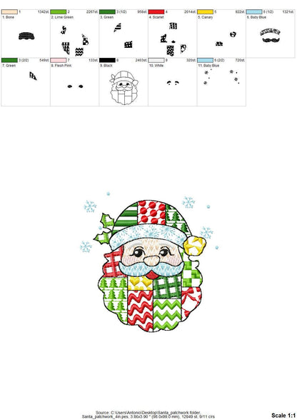 Awesome Patchwork Santa Christmas patterned Santa outline machine embroidery designs many sizes 4 up to 8 inch Snowflake folk farm design