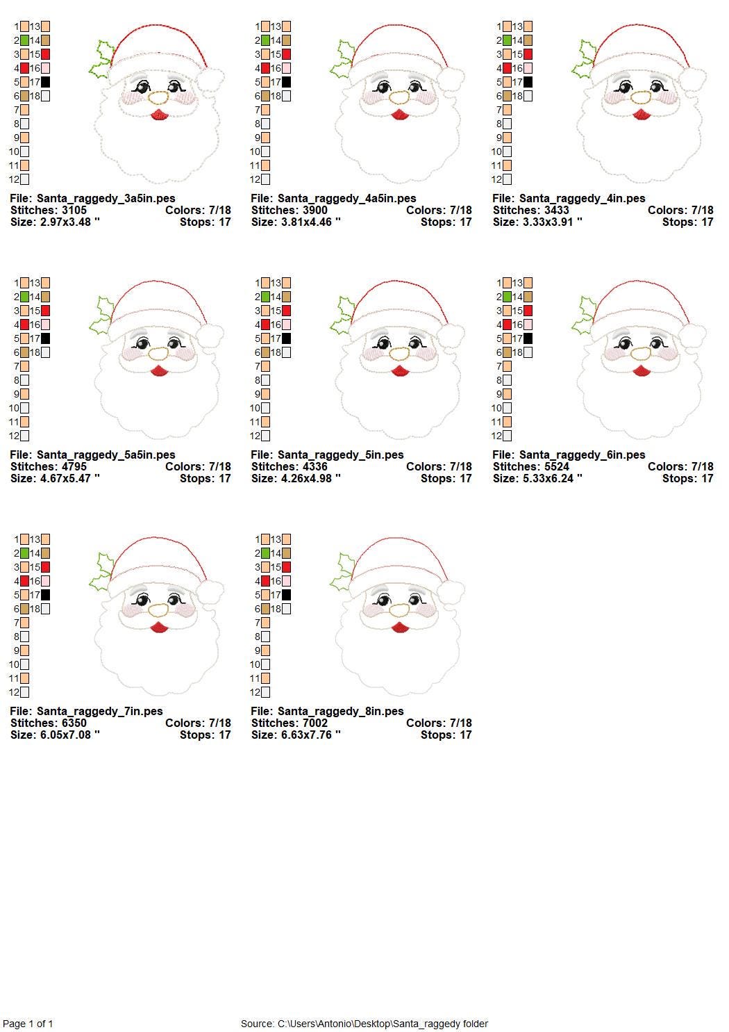 Christmas Santa raggedy edge Applique Santa Claus face machine embroidery designs sizes 3.5 up to 8 inches home farm Holiday decor design