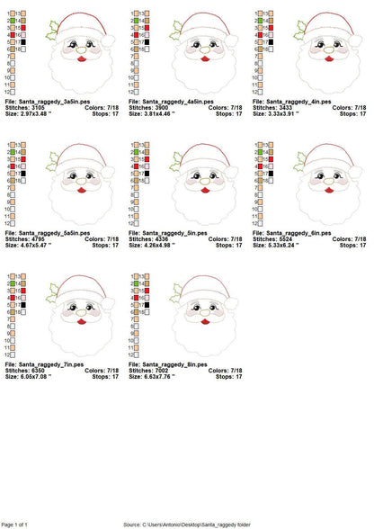 Christmas Santa raggedy edge Applique Santa Claus face machine embroidery designs sizes 3.5 up to 8 inches home farm Holiday decor design