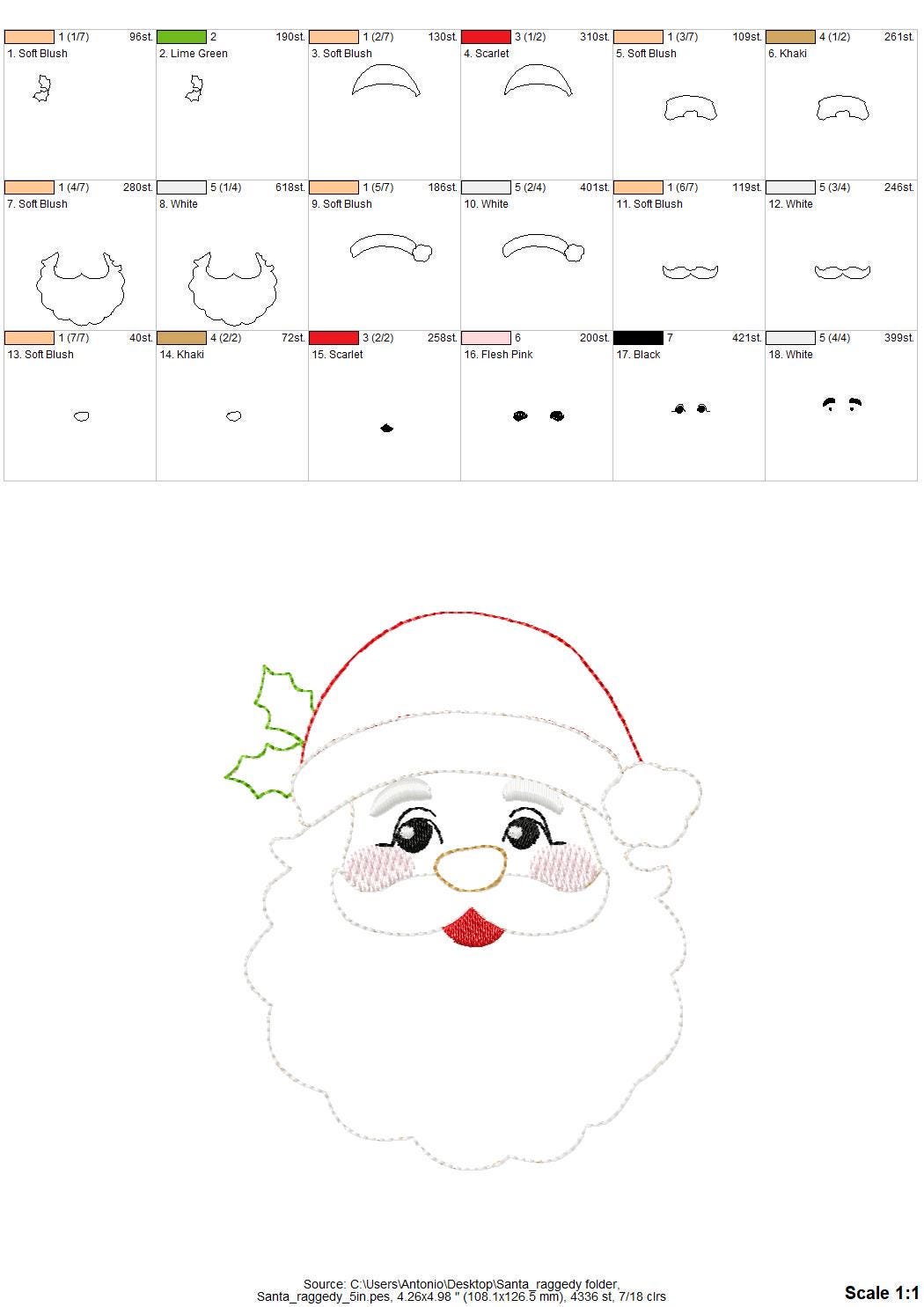 Christmas Santa raggedy edge Applique Santa Claus face machine embroidery designs sizes 3.5 up to 8 inches home farm Holiday decor design