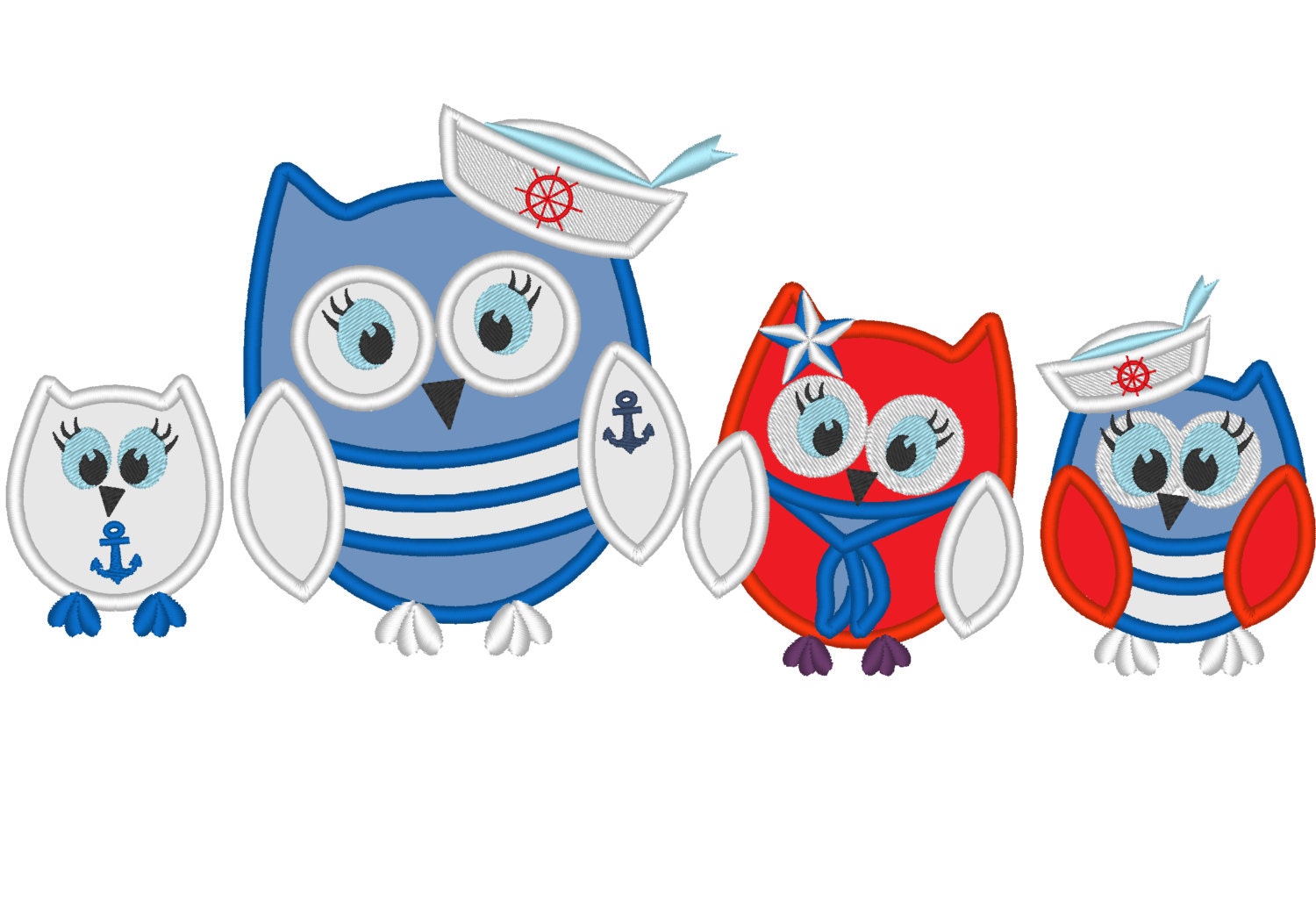 Nautical owls Set of 4 Applique Embroidery 3" 4" 5" 7" | PES DST JEF | Artapli