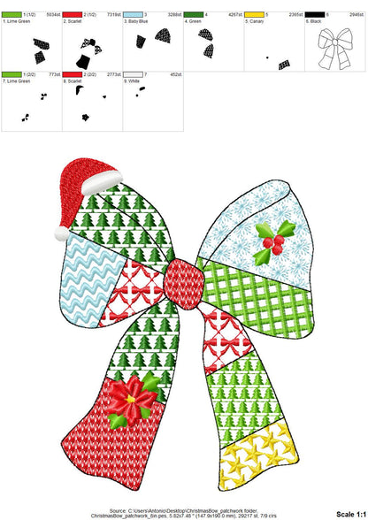 Patchwork Christmas Bow patterned silhouette outline Ribbon Santa hat kids baby girls machine embroidery designs many sizes 4 up to 8 inches