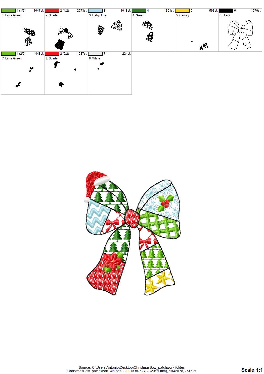Patchwork Christmas Bow patterned silhouette outline Ribbon Santa hat kids baby girls machine embroidery designs many sizes 4 up to 8 inches