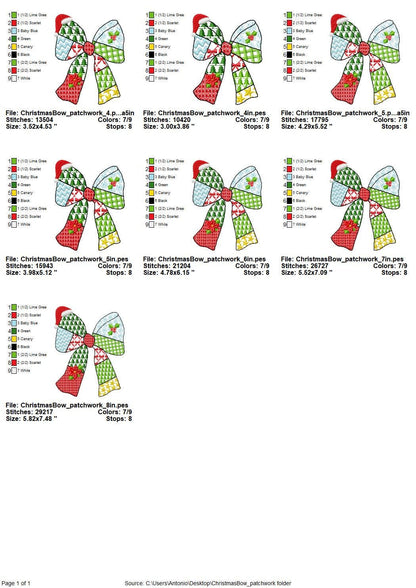 Patchwork Christmas Bow patterned silhouette outline Ribbon Santa hat kids baby girls machine embroidery designs many sizes 4 up to 8 inches