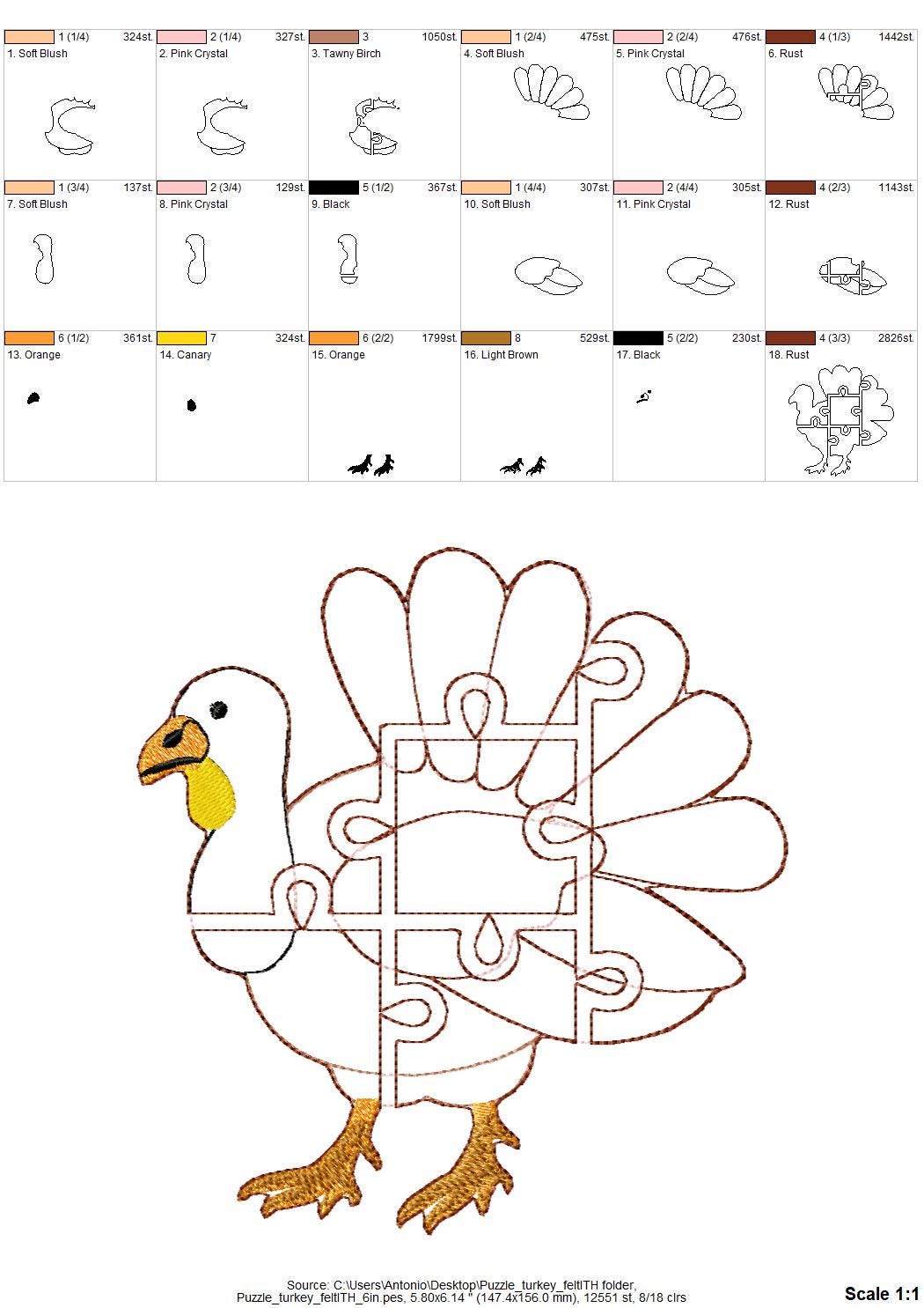 Turkey Puzzle ITH in the hoop kids game gift idea Applique machine embroidery designs sizes for hoop  5x7  6x10  8x8 Fall felt feltie design