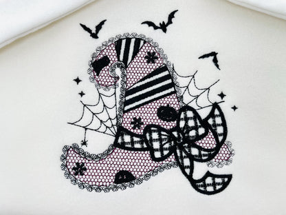 Halloween Witch Hat with lace effect machine embroidery designs many sizes 4 up to 8 inch awesome bow spiderweb bat patterned design