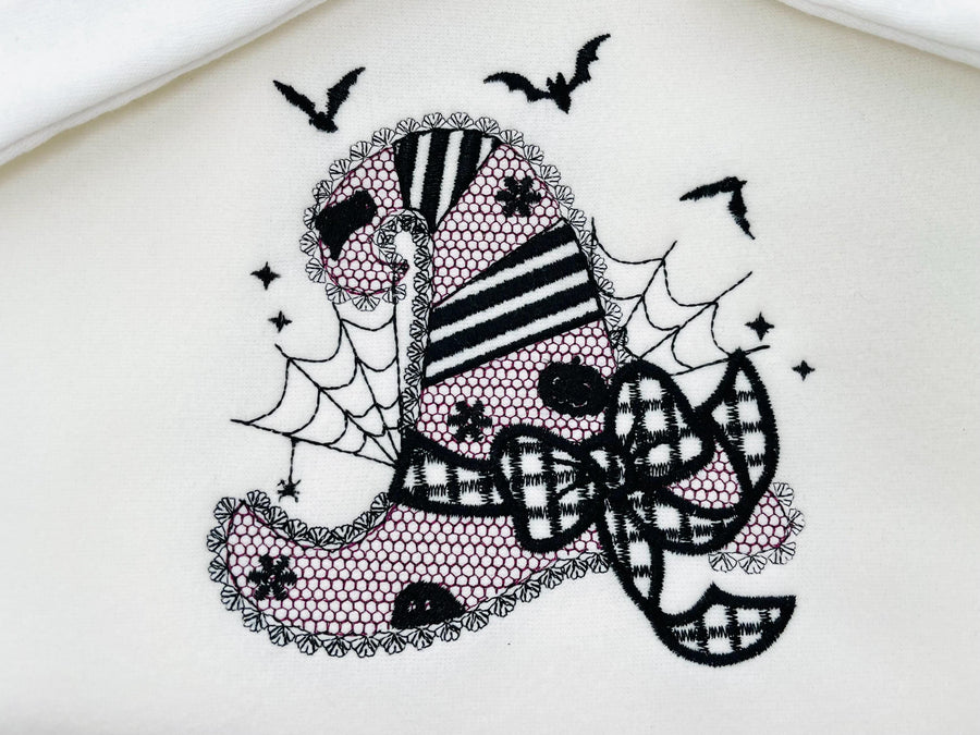 Halloween Witch Hat with lace effect machine embroidery designs many sizes 4 up to 8 inch awesome bow spiderweb bat patterned design