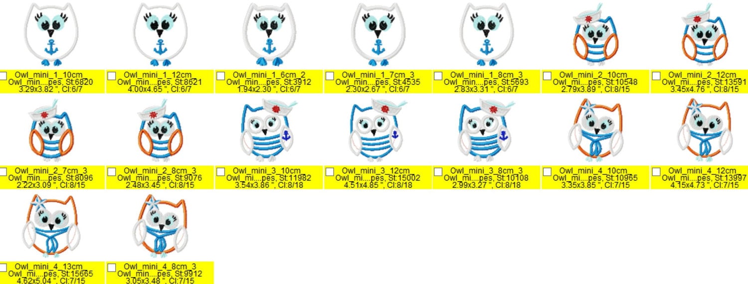 Nautical owls Set of 4 – Sizes 3" 4" 5" 7" Digital Embroidery File | Artapli