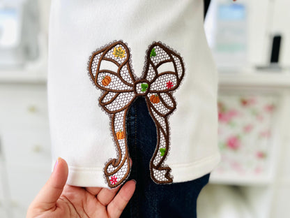 Thanksgiving Fall Pumpkin Bow split side seam cutout side bow lace effect Applique machine embroidery designs girls tshirt sweatshirt design