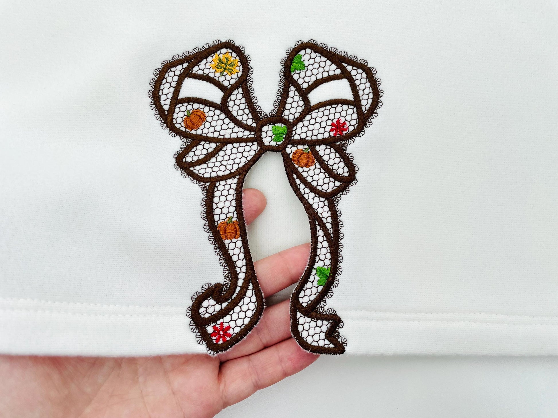 Thanksgiving Fall Pumpkin Bow split side seam cutout side bow lace effect Applique machine embroidery designs girls tshirt sweatshirt design
