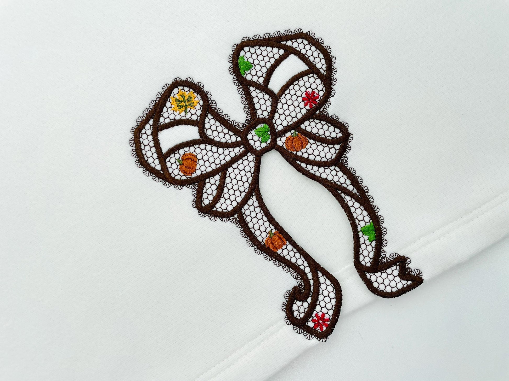 Thanksgiving Fall Pumpkin Bow split side seam cutout side bow lace effect Applique machine embroidery designs girls tshirt sweatshirt design