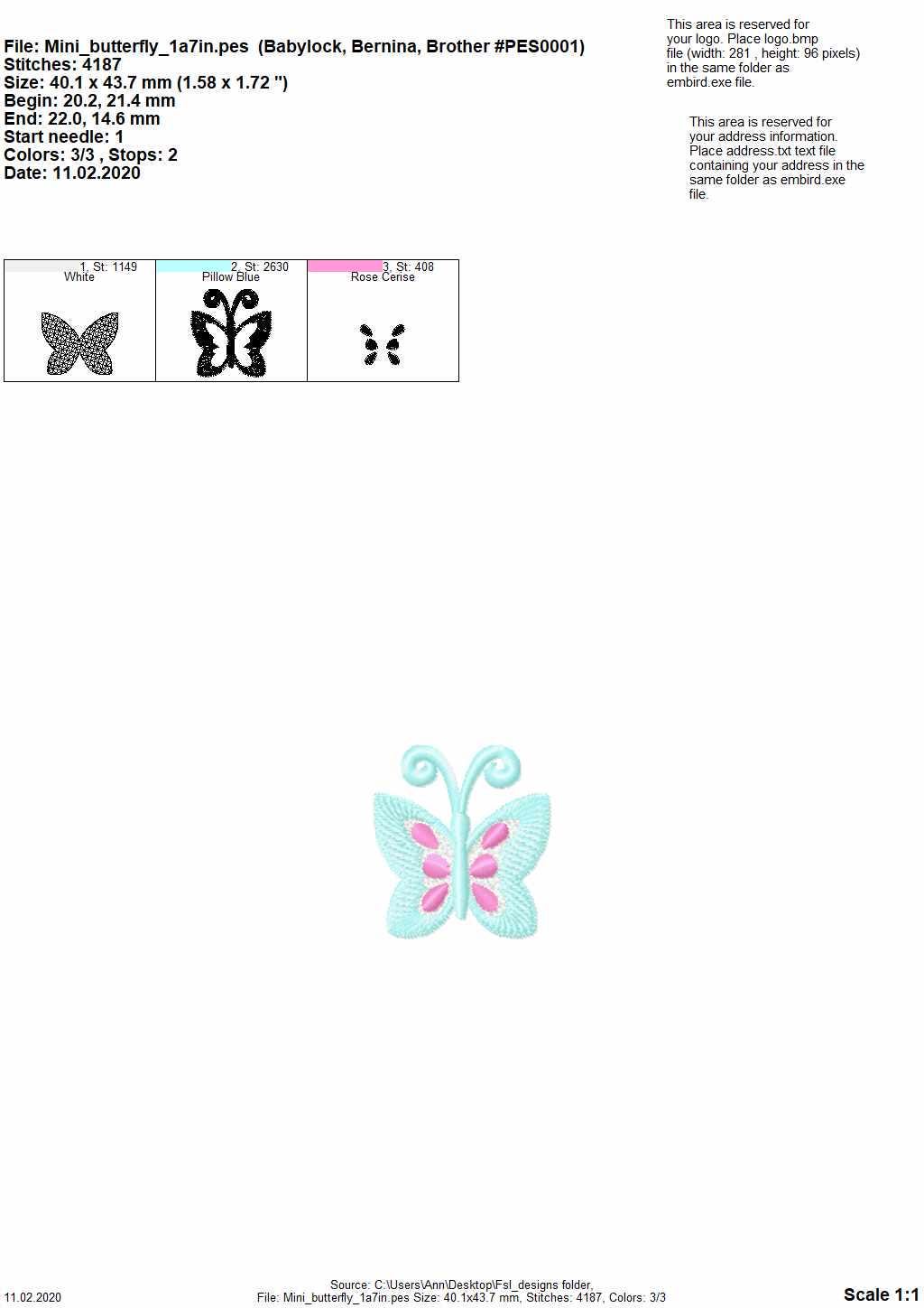 Micro wee butterfly mini  as three-dimensional, 3 dimensional, FSL, Free standing lace embroidery design