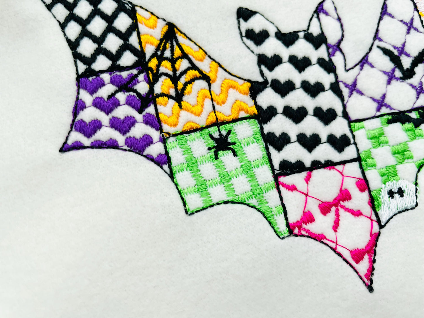 Patchwork Bat Raily Halloween theme awesome patterned Flying Bat outline spooky girls machine embroidery designs sizes 4 up to 8 inch