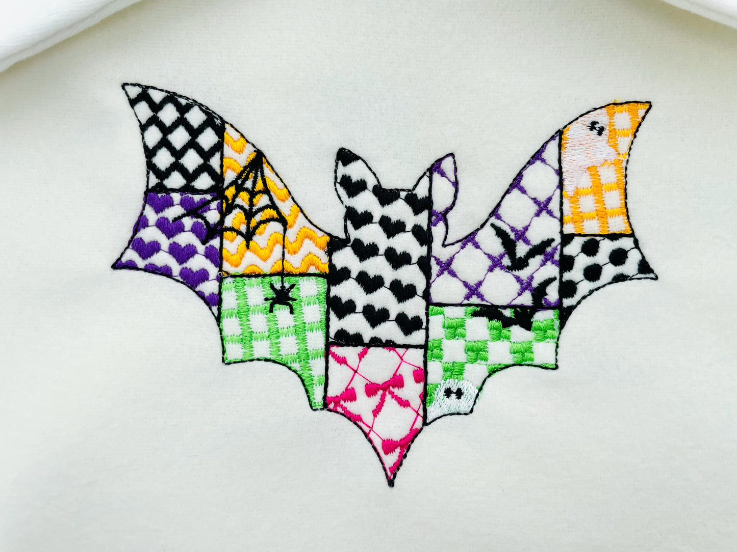 Patchwork Bat Raily Halloween theme awesome patterned Flying Bat outline spooky girls machine embroidery designs sizes 4 up to 8 inch