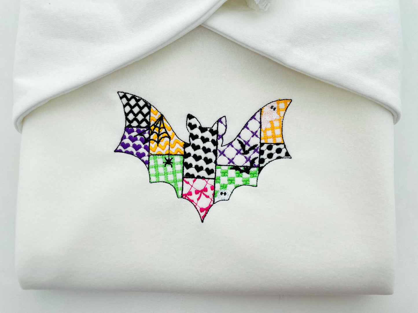 Patchwork Bat Raily Halloween theme awesome patterned Flying Bat outline spooky girls machine embroidery designs sizes 4 up to 8 inch