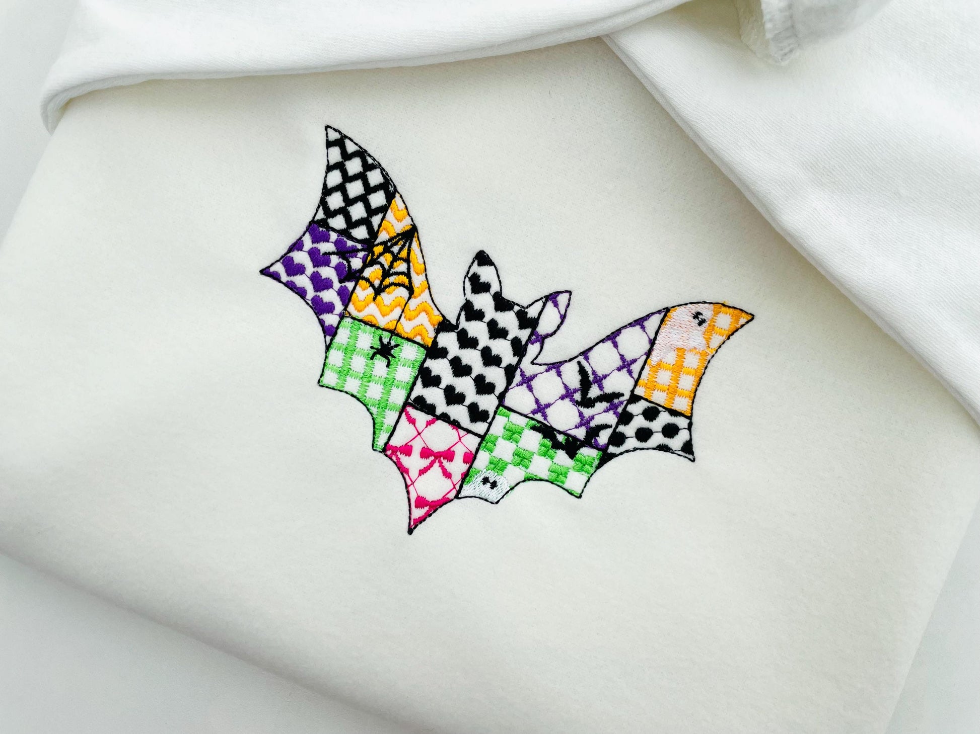 Patchwork Bat Raily Halloween theme awesome patterned Flying Bat outline spooky girls machine embroidery designs sizes 4 up to 8 inch