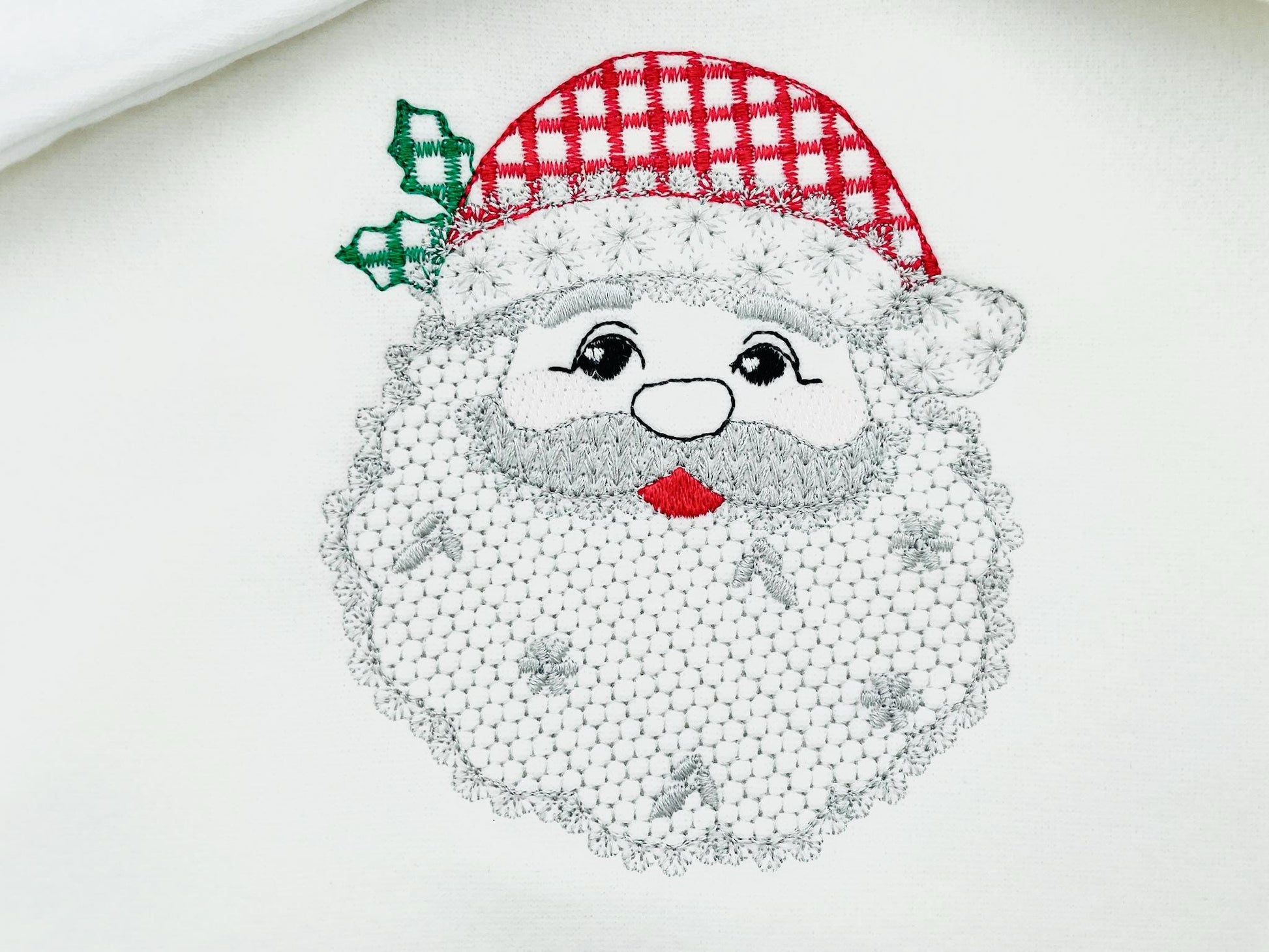 Cute Floral Christmas Santa lace effect and plaid hat machine embroidery designs assorted sizes 4 up to 8 inch kids girls delicate design
