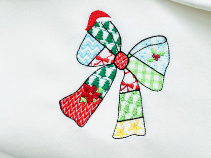 Patchwork Christmas Bow patterned silhouette outline Ribbon Santa hat kids baby girls machine embroidery designs many sizes 4 up to 8 inches