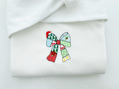 Patchwork Christmas Bow patterned silhouette outline Ribbon Santa hat kids baby girls machine embroidery designs many sizes 4 up to 8 inches