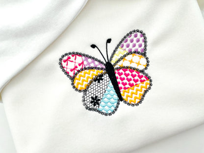 Awesome Patchwork Butterfly Emily with lace edge Wings girly girls outfit sweet home patterned machine embroidery designs sizes 3 up to 7 in