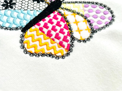 Awesome Patchwork Butterfly Emily with lace edge Wings girly girls outfit sweet home patterned machine embroidery designs sizes 3 up to 7 in