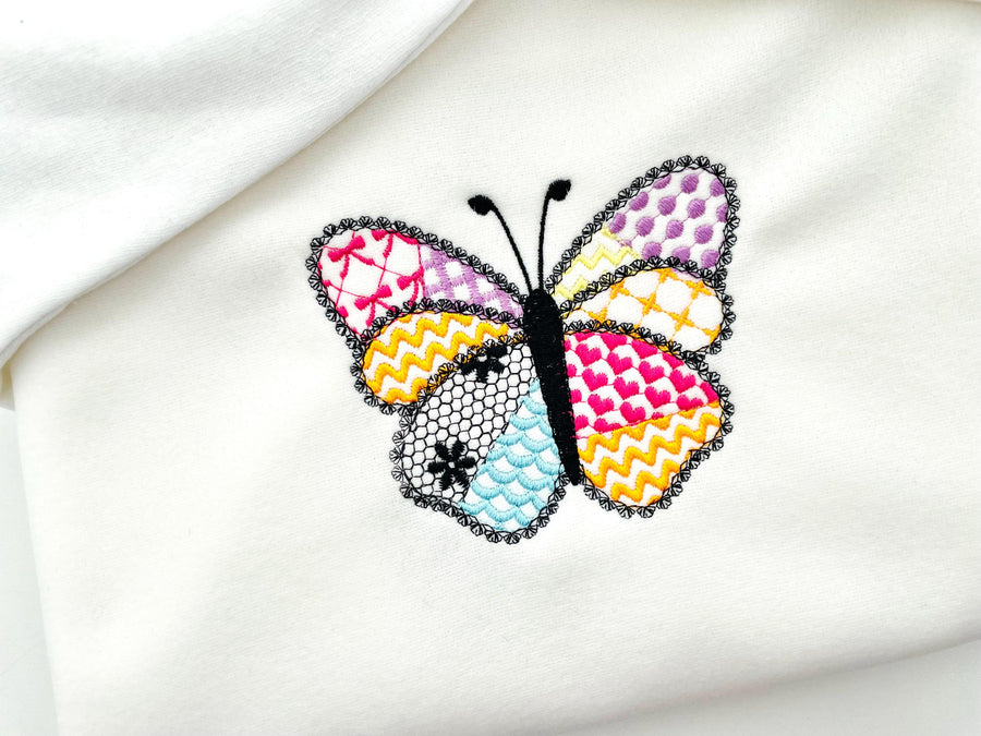 Awesome Patchwork Butterfly Emily with lace edge Wings girly girls outfit sweet home patterned machine embroidery designs sizes 3 up to 7 in