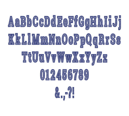 Block Striped Narrow Font transparent satin stitch alphabet monogram machine embroidery designs assorted sizes 1.6 up to 3.5 inch, BX