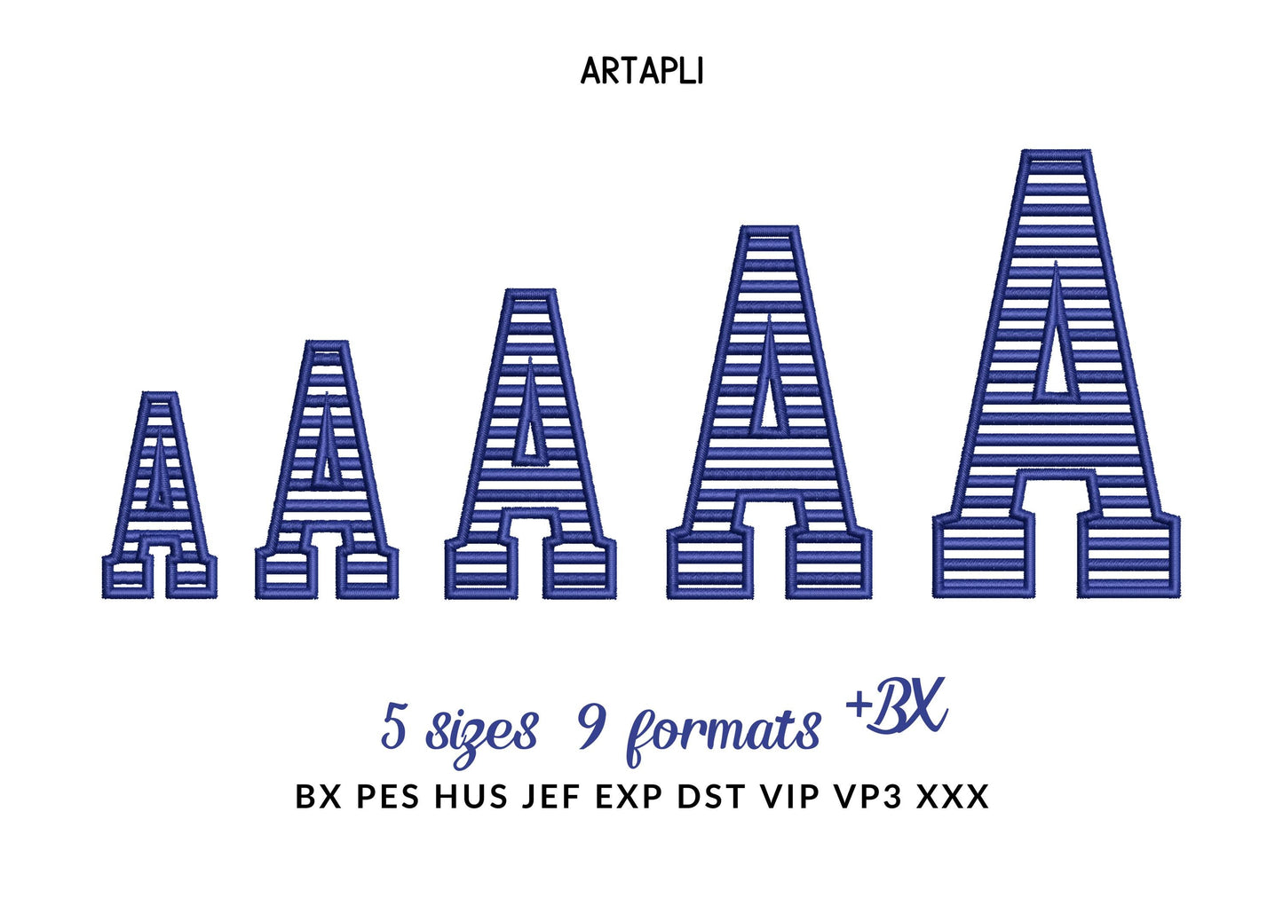 Block Striped Narrow Font transparent satin stitch alphabet monogram machine embroidery designs assorted sizes 1.6 up to 3.5 inch, BX